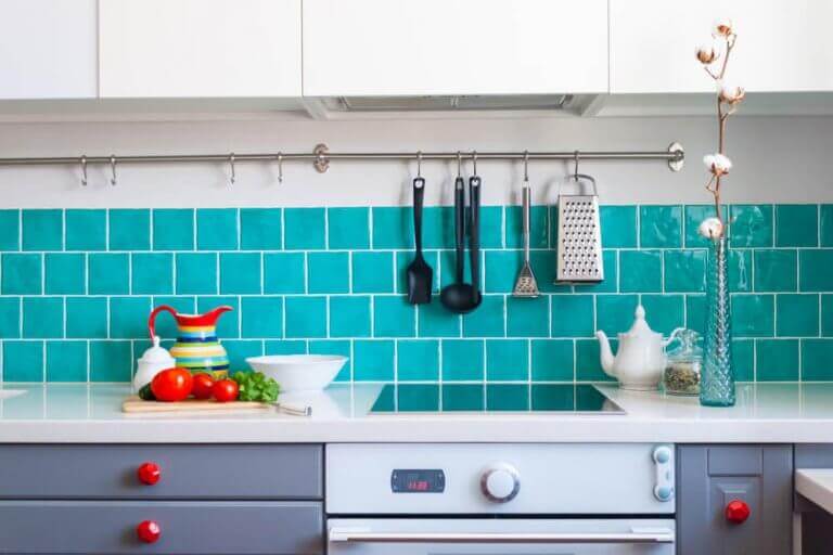 mavi ve gri mutfak