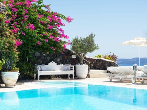 havuz ve kenarında begonvil ağaçları ve şezlonglar