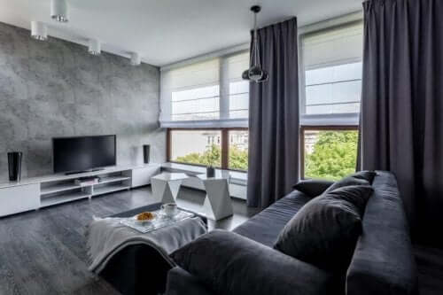 Gri renk ve beton ağırlıklı salon