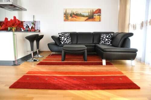 Deri mobilya altına kırmızı halı