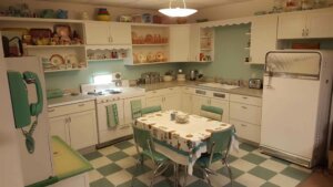 Nostaljik bir mutfak yaratmak için özel tezgahlar.